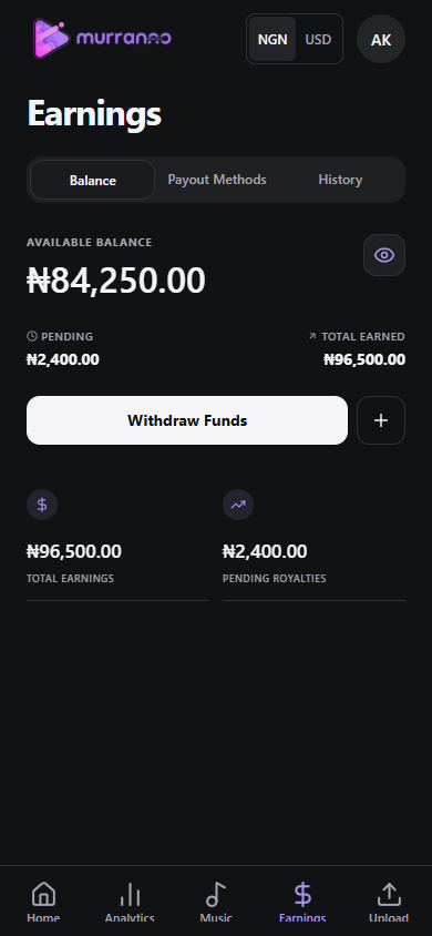 Earnings screen showing balances and payout controls