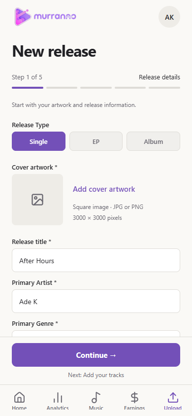New release screen with artwork and release details